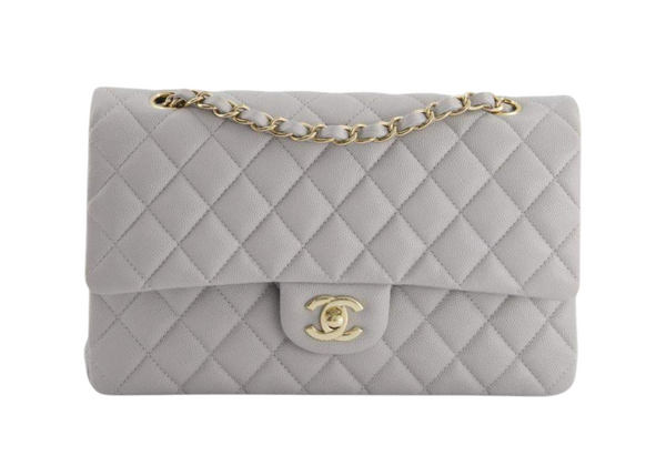 Chanel Dove Grey Caviar Medium Classic Double Flap Bag with Champagne Gold Hardware