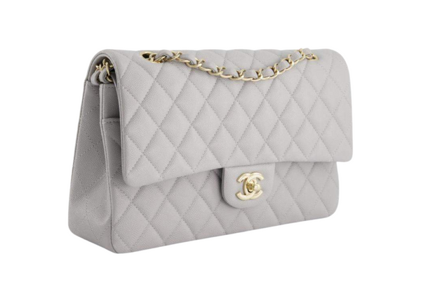 Chanel Dove Grey Caviar Medium Classic Double Flap Bag with Champagne Gold Hardware