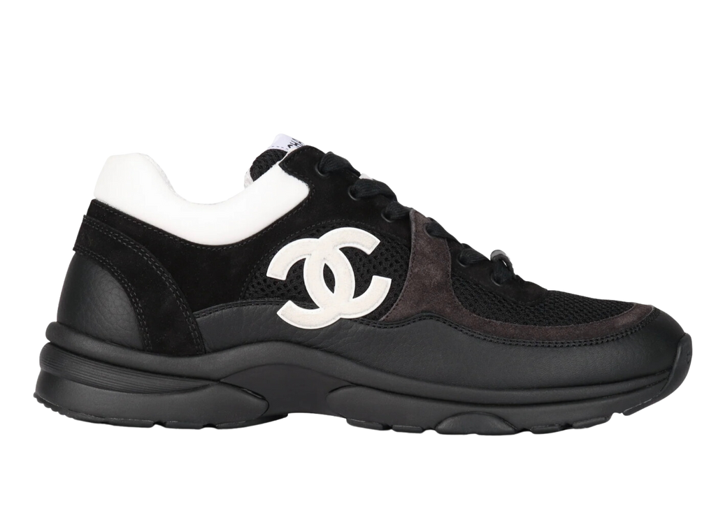 Chanel CC Logo Suede Leather Sneaker Black White Amour Envie